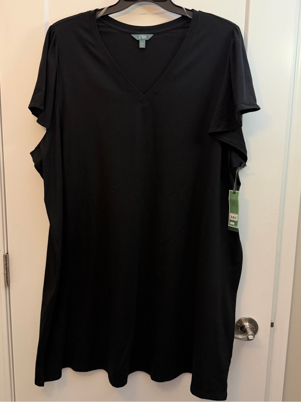 3XL Casual V-Neck Black Dress with flutter sleeves